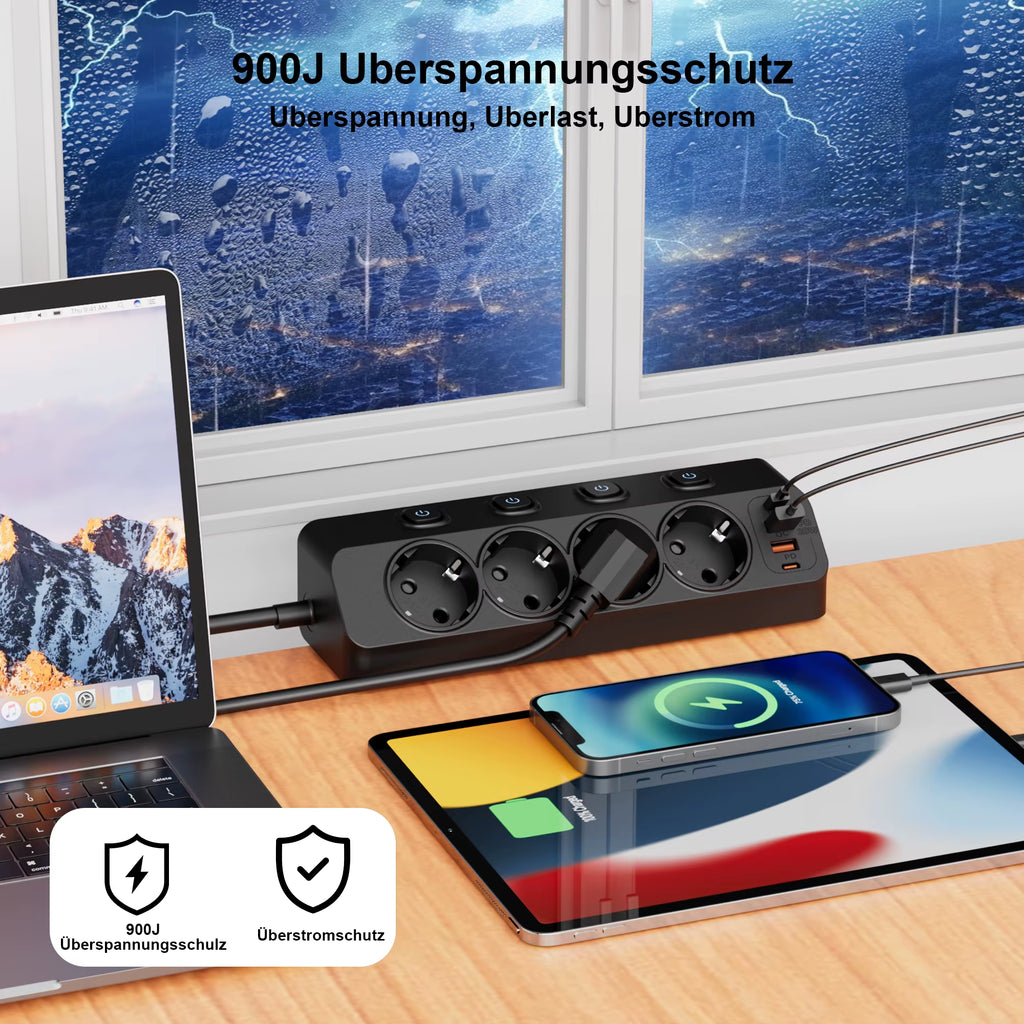 EU AC Plug Power Strip Independent Switches Multi Functional Triangular Fixed European Standard Socket with 2USB-A 2USB-C Ports