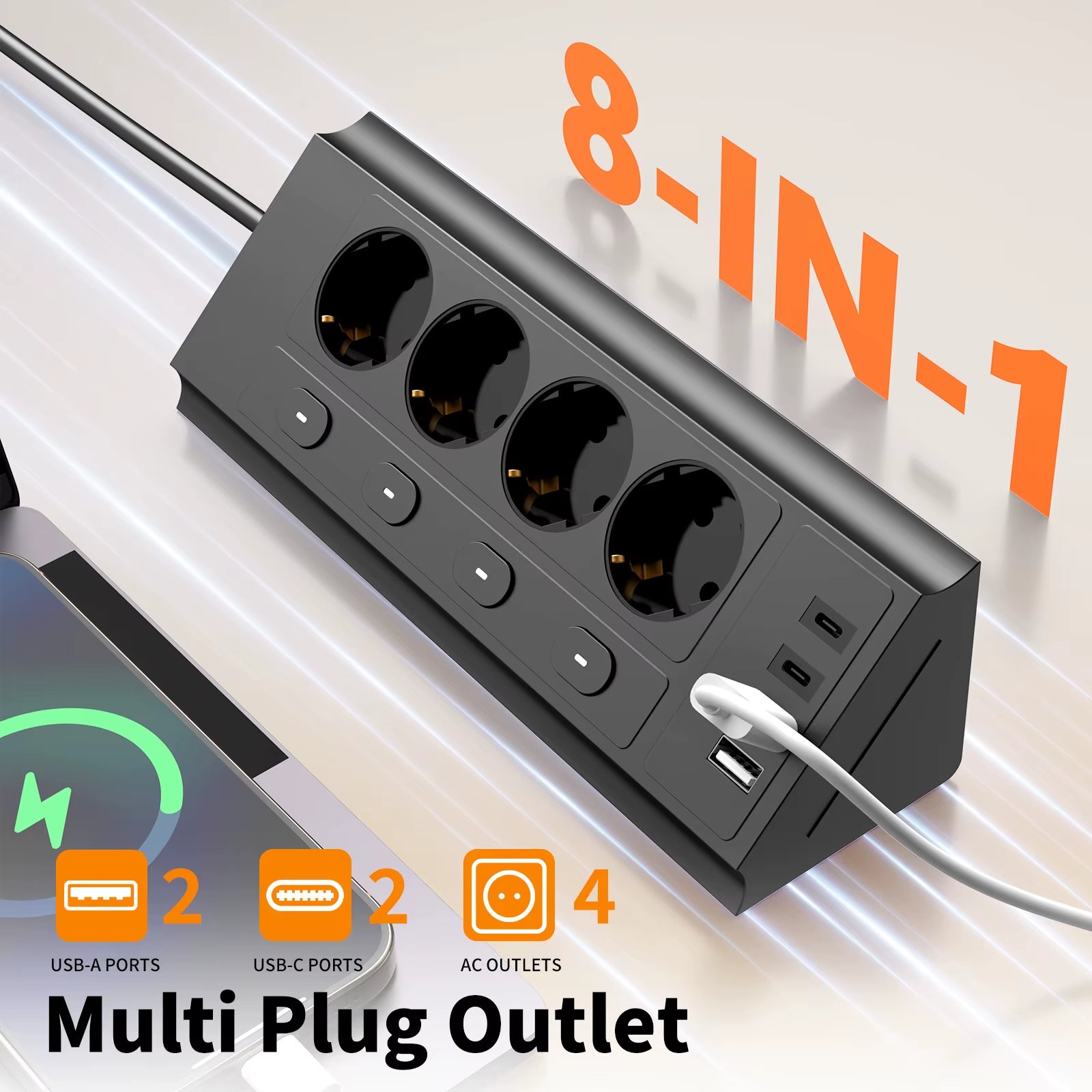 EU Desktop Corner Power Strip, a Power Strip with Multiple Switches Independently Controlling the Outlets, Extension Cord Power