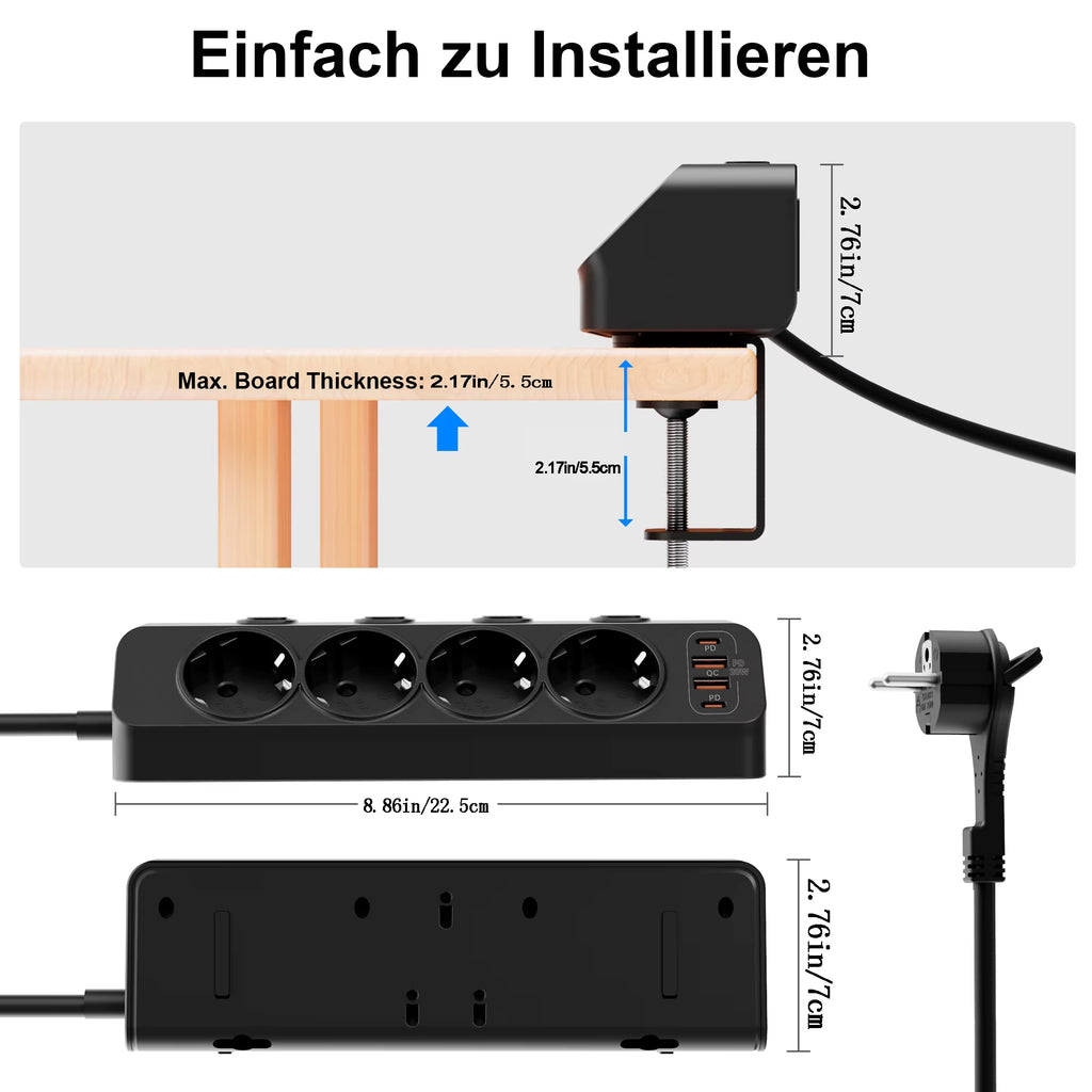 EU AC Plug Power Strip Independent Switches Multi Functional Triangular Fixed European Standard Socket with 2USB-A 2USB-C Ports