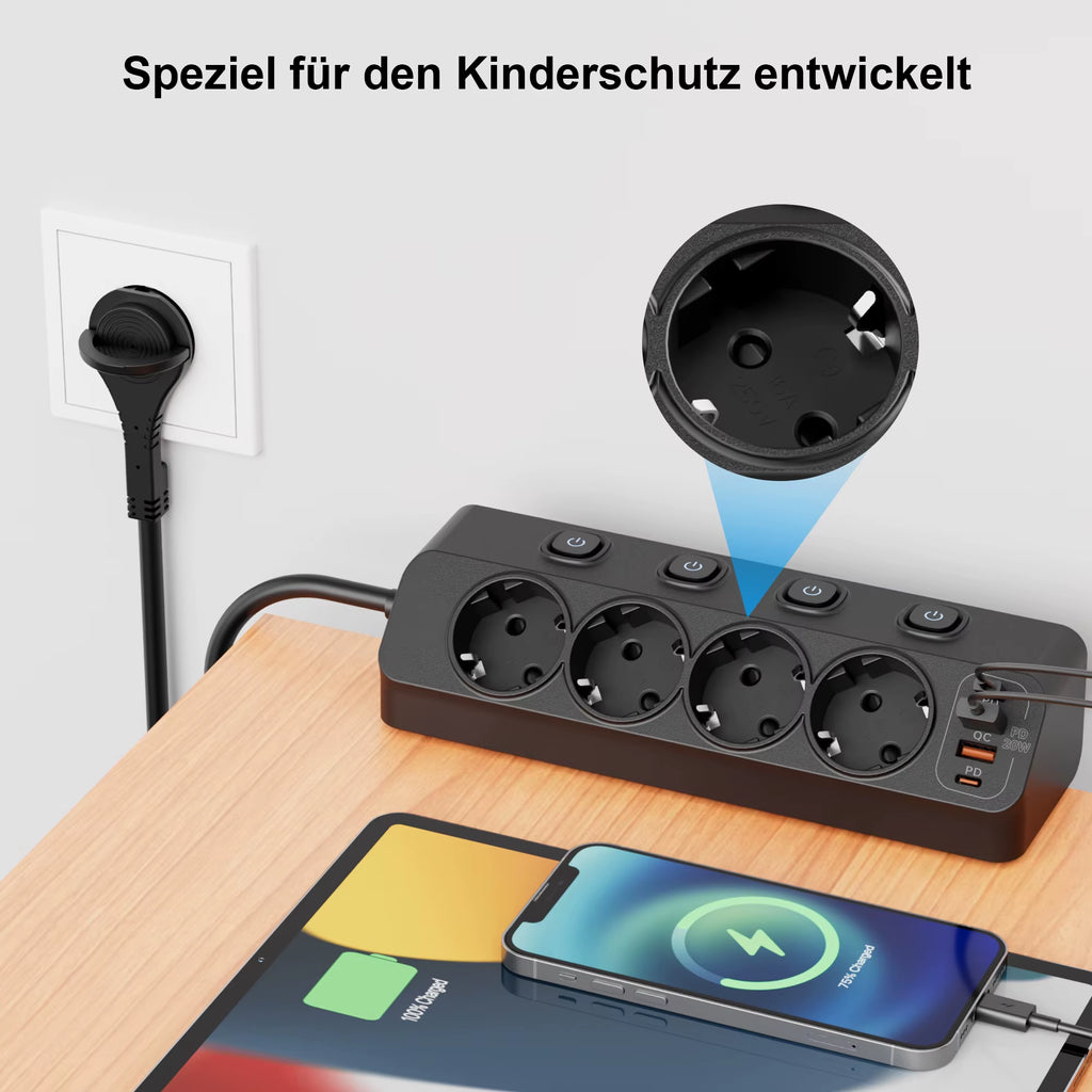 EU AC Plug Power Strip Independent Switches Multi Functional Triangular Fixed European Standard Socket with 2USB-A 2USB-C Ports