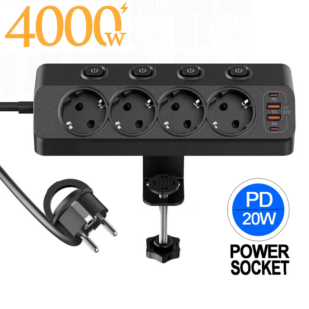 EU AC Plug Power Strip Independent Switches Multi Functional Triangular Fixed European Standard Socket with 2USB-A 2USB-C Ports