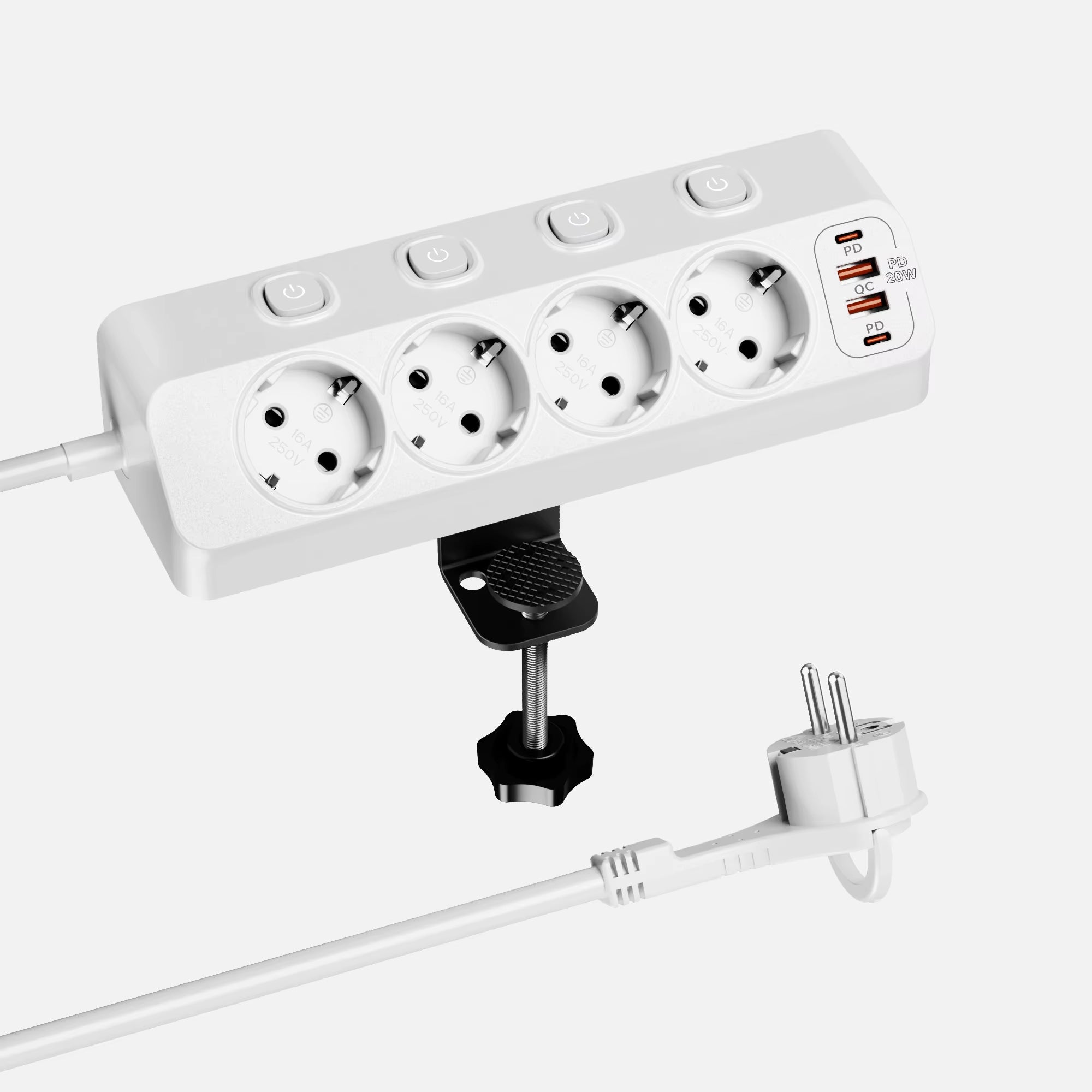 EU AC Plug Power Strip Independent Switches Multi Functional Triangular Fixed European Standard Socket with 2USB-A 2USB-C Ports