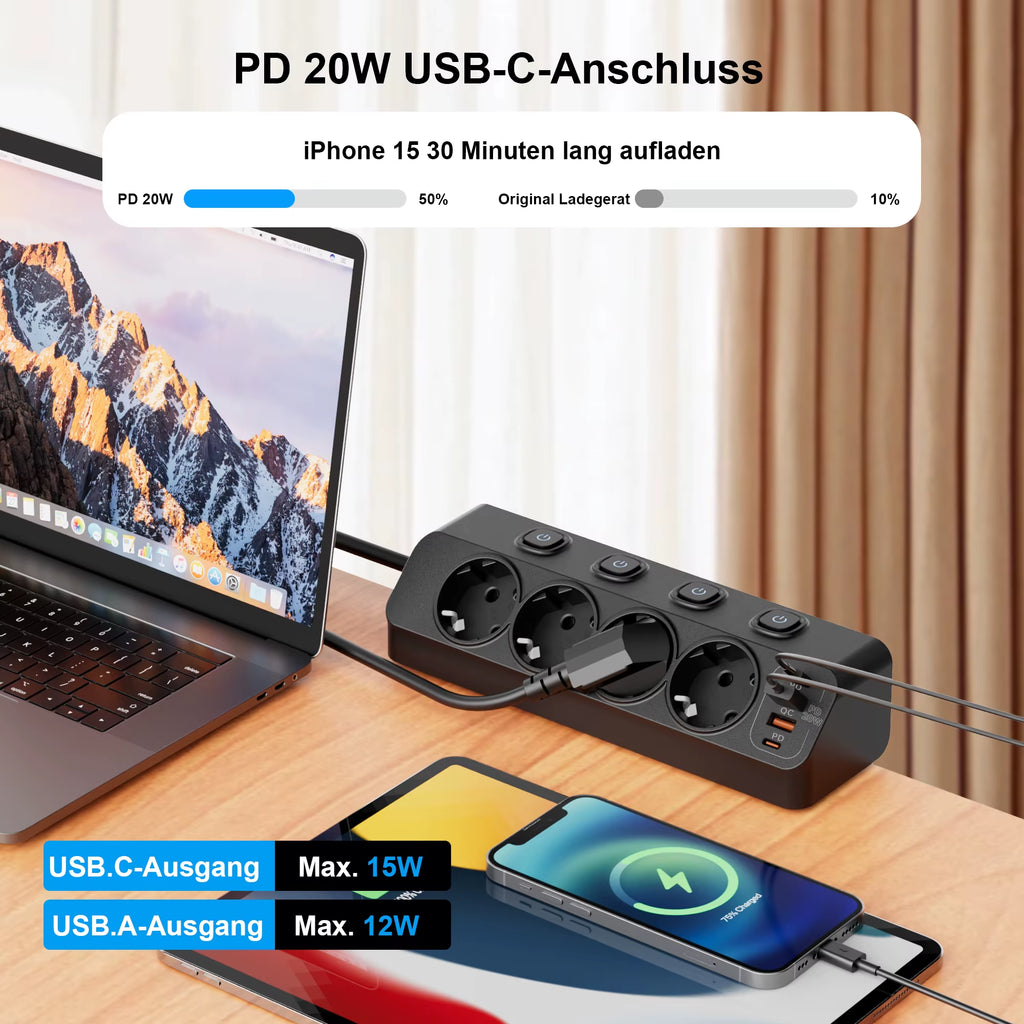 EU AC Plug Power Strip Independent Switches Multi Functional Triangular Fixed European Standard Socket with 2USB-A 2USB-C Ports