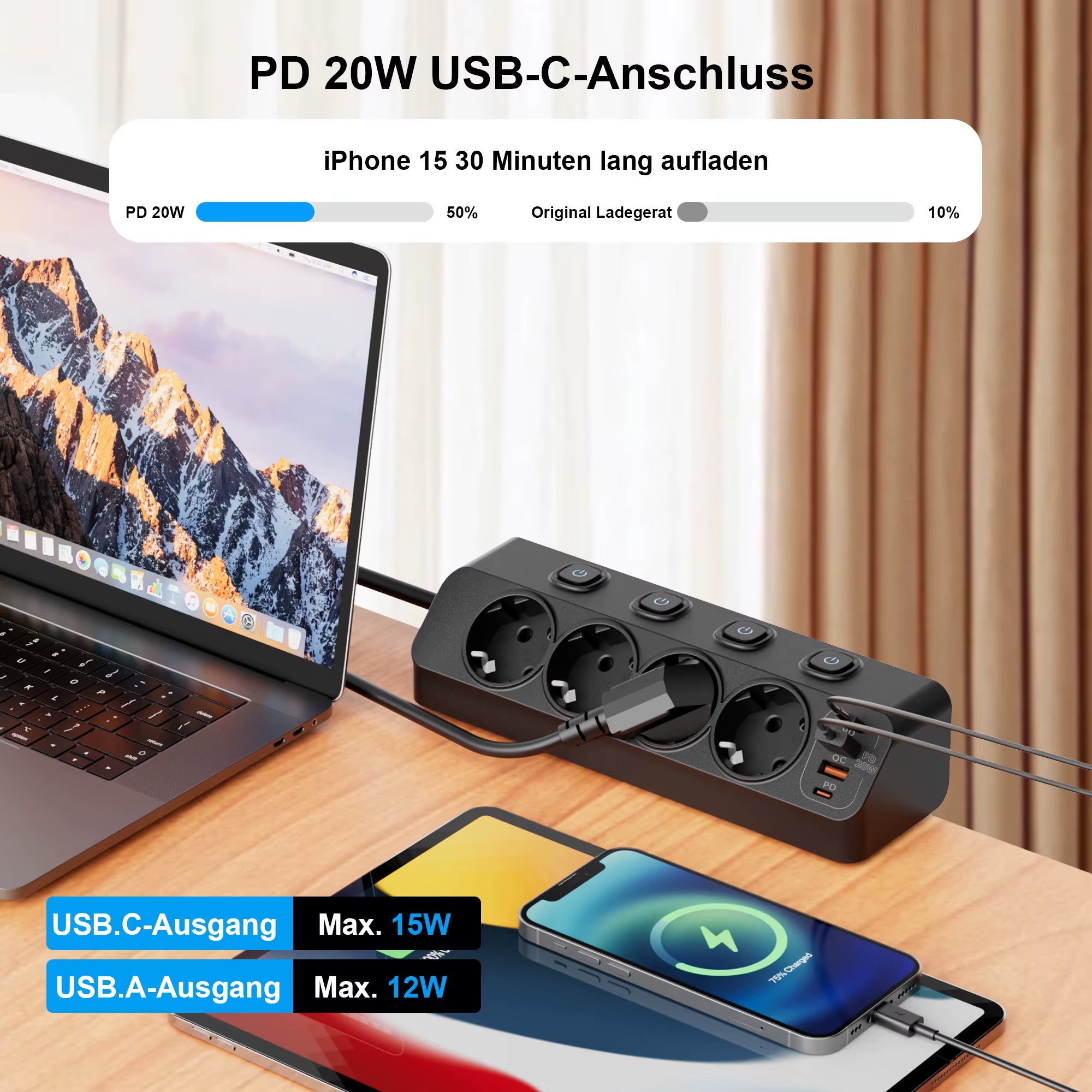 EU AC Plug Power Strip Independent Switches Multi Functional Triangular Fixed European Standard Socket with 2USB-A 2USB-C Ports