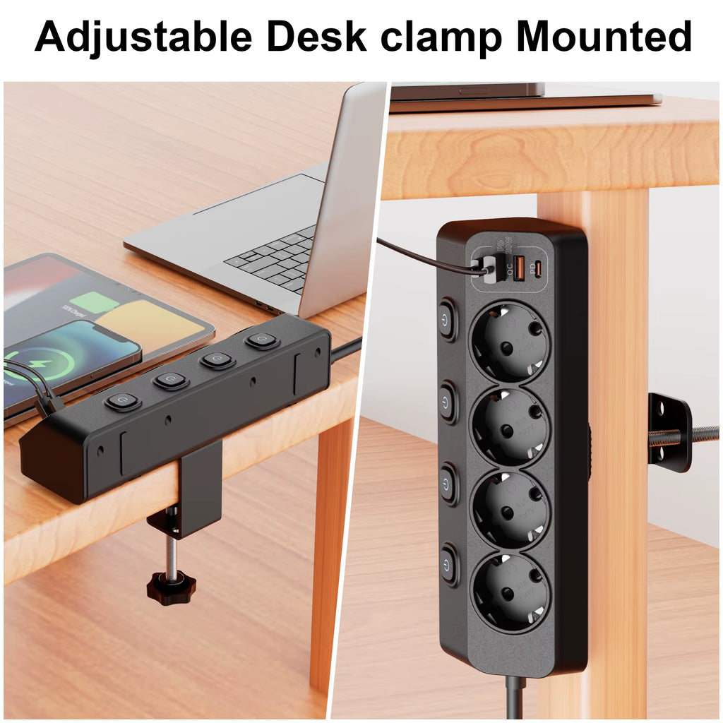 EU AC Plug Power Strip Independent Switches Multi Functional Triangular Fixed European Standard Socket with 2USB-A 2USB-C Ports