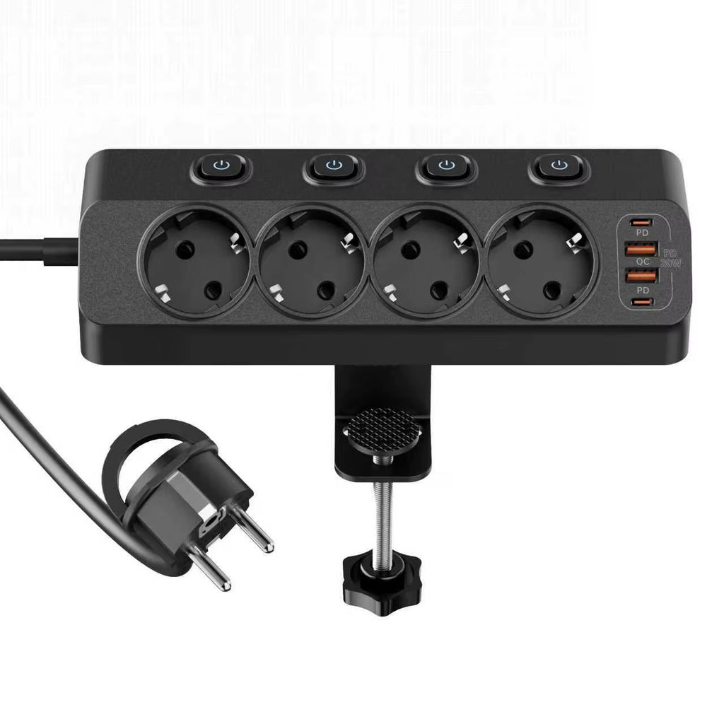 EU AC Plug Power Strip Independent Switches Multi Functional Triangular Fixed European Standard Socket with 2USB-A 2USB-C Ports